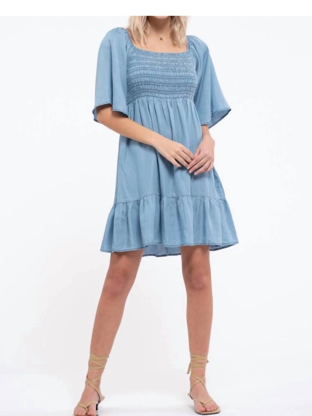 Blu Pepper Sky Blue Smocked Square-Neck Mini Dress